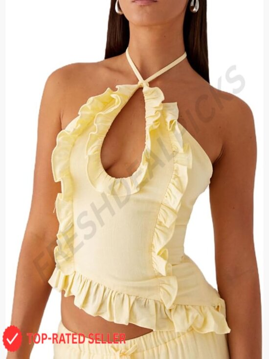 Tops - Womens Halter Crop Top Open Back Smocked Ruffle Sleeveless Going Out Camisole